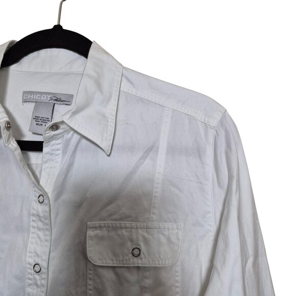 Chicos Platinum Top Womens M White Snap Front Shirt 100% Cotton Casual Career - Picture 7 of 7